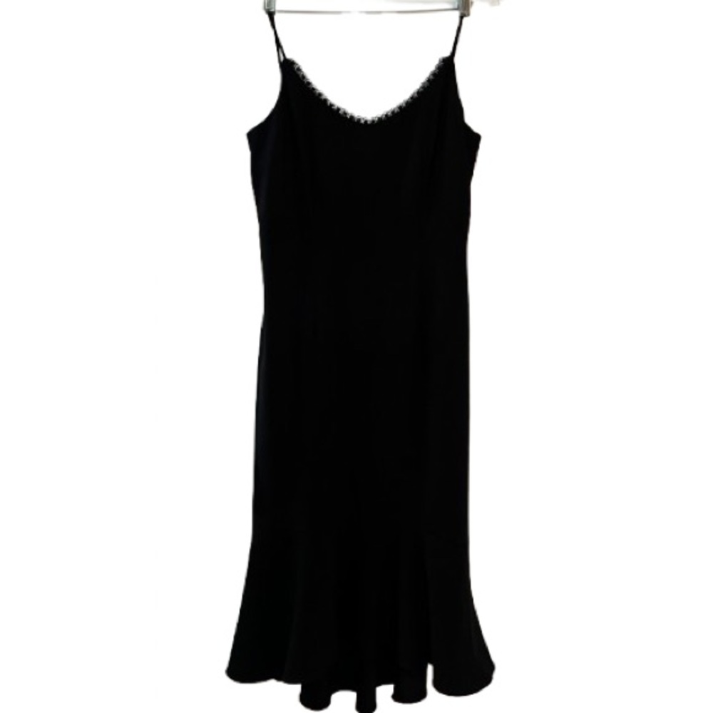 ABS Evening Slip Dress Ruffled Hem Lace & Bead Trim V Back with Zipper